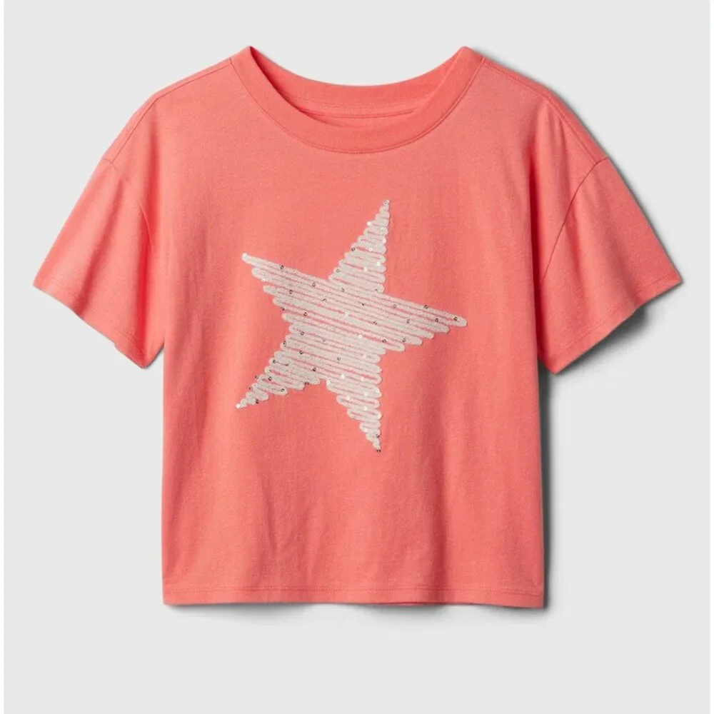 Gap Kids Girls Sequin Star Boxy Short Sleeve Crew Neck Tee Coral